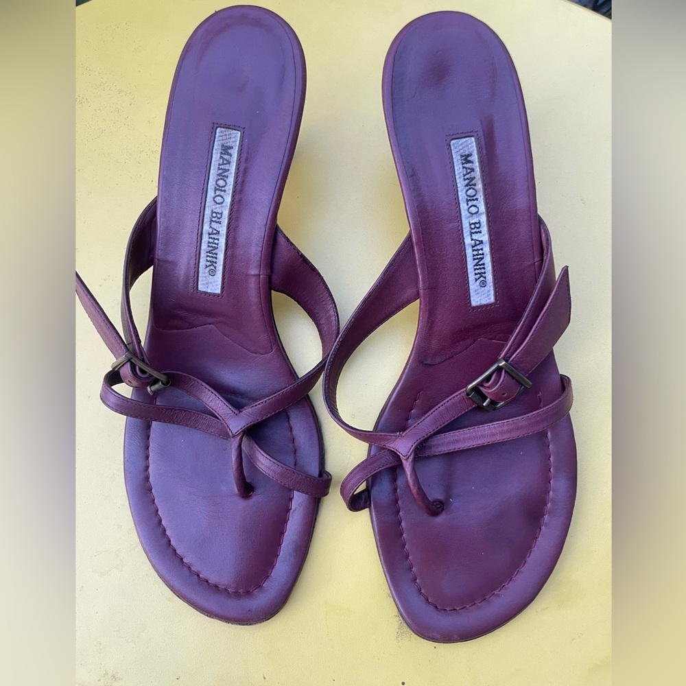 Manolo Blahnik Burgundy Kitten Heel Sandals